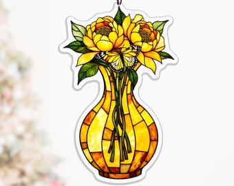 Opulent Golden Gourd Acrylic Suncatcher, Blooming Peony and Luna Moth Gift for Mom or Grandma, window hanging decor, gourd vase decor