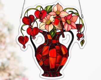 Robin and Bleeding Heart Acrylic Window Hanging, Crimson Amphora Decor for Flower Lovers, window hanging decor, red bird decor