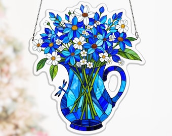 Forget Me Not Acrylic Suncatcher, Wild Blue Floral Pitcher Sun Catcher for Garden Window, forget me not decor, kitchen window decor