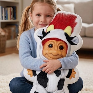 May include: A plush toy in the shape of a troll doll wearing a cow costume. The toy has a red mohawk, large eyes, and a smiling face. The cow costume is white with black spots. The toy is being held by a person.