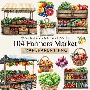 Könnte beinhalten: Aquarell-Clipart mit dem Thema Bauernmarkt. Das Bild zeigt Marktstände mit verschiedenen Früchten und Gemüse, Holzkisten und Körben voller Produkte. Der Text "104 Farmers Market" ist sichtbar.