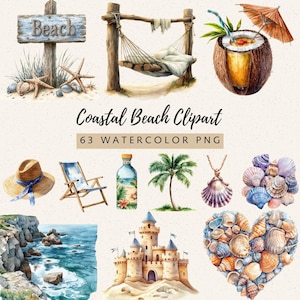 May include: Watercolor clipart set featuring beach-themed illustrations. Includes a wooden sign with "Beach" text, a hammock, a coconut drink, a sun hat, a beach chair, a bottle, a palm tree, a seashell necklace, a heart made of seashells, a castle, and coastal scenery.