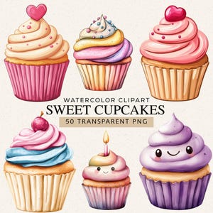 Può includere: Clipart ad acquerello di sei cupcake dolci con glassa colorata e decorazioni. I cupcake sono in pirottini rosa, gialli e viola. Il testo "SWEET CUPCAKES" è visualizzato sotto.