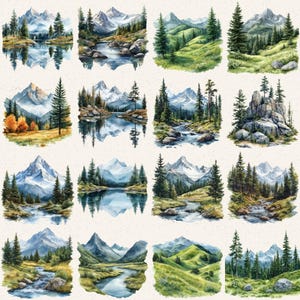 May include: A collection of watercolor landscape paintings featuring mountains, forests, and bodies of water. The artwork showcases various scenes with snow-capped peaks, evergreen trees, and reflective lakes, all in a naturalistic style.