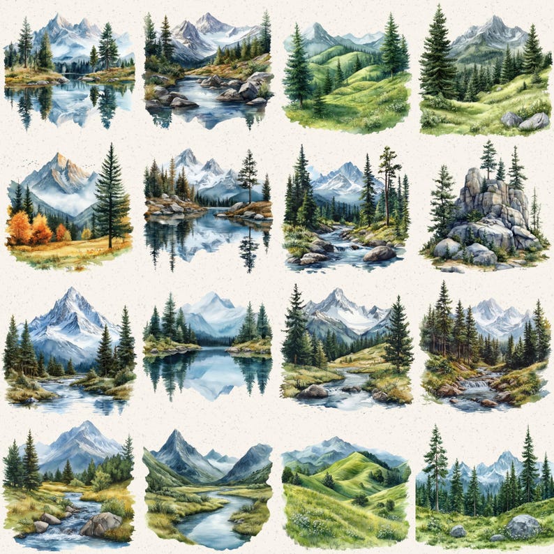 May include: A collection of watercolor landscape paintings featuring mountains, forests, and bodies of water. The artwork showcases various scenes with snow-capped peaks, evergreen trees, and reflective lakes, all in a naturalistic style.