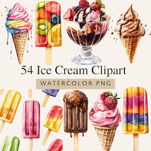 May include: Watercolor clipart featuring various ice cream treats. Includes ice cream cones, sundaes, and popsicles with fruit. The image has the text "54 Ice Cream Clipart" and "Watercolor PNG". The ice cream cones have colorful swirls of ice cream.