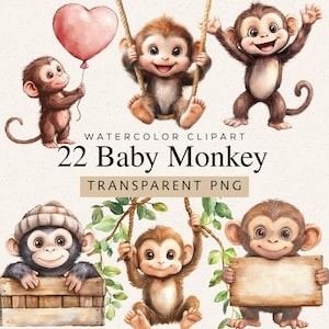 May include: Watercolor clipart featuring 22 baby monkeys in various poses. One monkey holds a heart-shaped pink balloon, while others swing, stand, or hold signs. The text "22 Baby Monkey" and "Transparent PNG" are also visible.