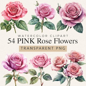 May include: Watercolor clipart featuring 54 pink rose flowers with green leaves and stems. The text reads "WATERCOLOR CLIPART" and "54 PINK Rose Flowers TRANSPARENT PNG". The roses vary in shades of pink and are arranged in a floral design.