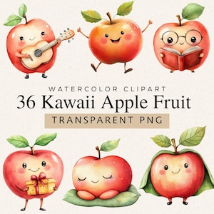 Pode incluir: Clipart em aquarela com 36 ilustrações de frutas de maçã kawaii. As maçãs têm rostos bonitos e são retratadas em várias poses, incluindo tocar guitarra, ler um livro e segurar um presente. O texto diz "Watercolor Clipart" e "36 Kawaii Apple Fruit Transparent PNG."