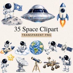 Pode incluir: Uma coleção de 35 ilustrações digitais com tema espacial, incluindo astronautas, um disco voador, um foguete, a Terra, um satélite, um telescópio, um rover e uma antena de radar. O texto 35 Space Clipart TRANSPARENT PNG está centralizado.