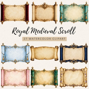 May include: A collection of eight decorative scrolls featuring various colors including red, teal, blue, pink, and green, with ornate gold filigree, tassels, and jewel accents. The text Royal Medieval Scroll 27 WATERCOLOR CLIPART is centered.