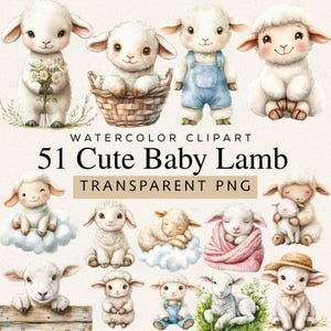 Puede incluir: Clipart de acuarela con 51 lindos corderitos en varias poses. Los corderos se representan en una paleta de colores suaves y pastel, algunos con monos o sosteniendo flores. El texto incluye "51 Cute Baby Lamb" y "Transparent PNG".