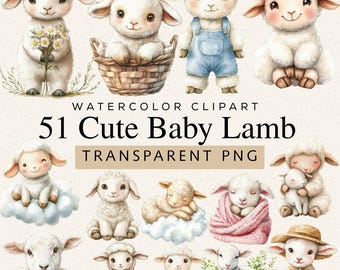 Aquarel baby lam clipartbundel, 51 pluizige schapen png-bestanden (digitale download)