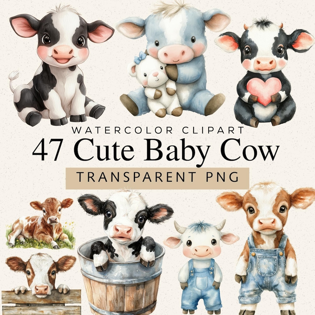 Watercolor Baby Cow Clipart, Calf Farm Animal PNG Bundle (digital ...