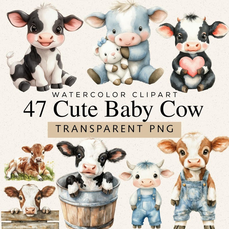 Watercolor Baby Cow Clipart, Calf Farm Animal PNG Bundle (digital ...
