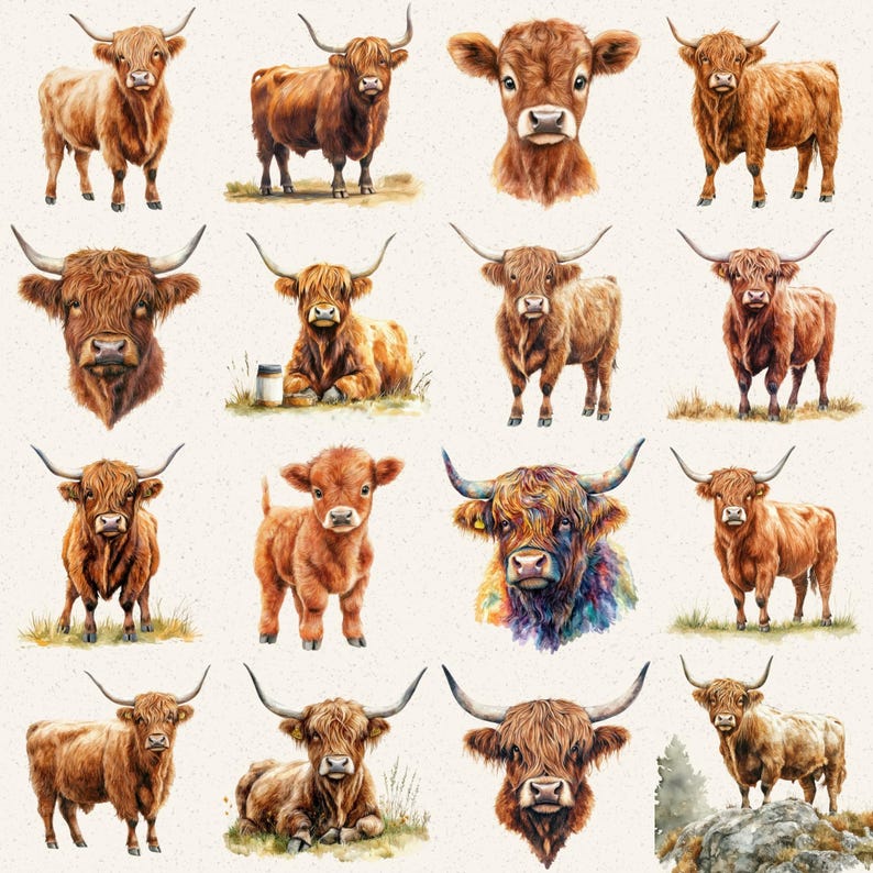 May include: A collection of watercolor illustrations of Highland cattle in various poses. The images showcase the animals' distinctive long horns and shaggy brown fur. Some illustrations are full body, while others are close-ups of the head.