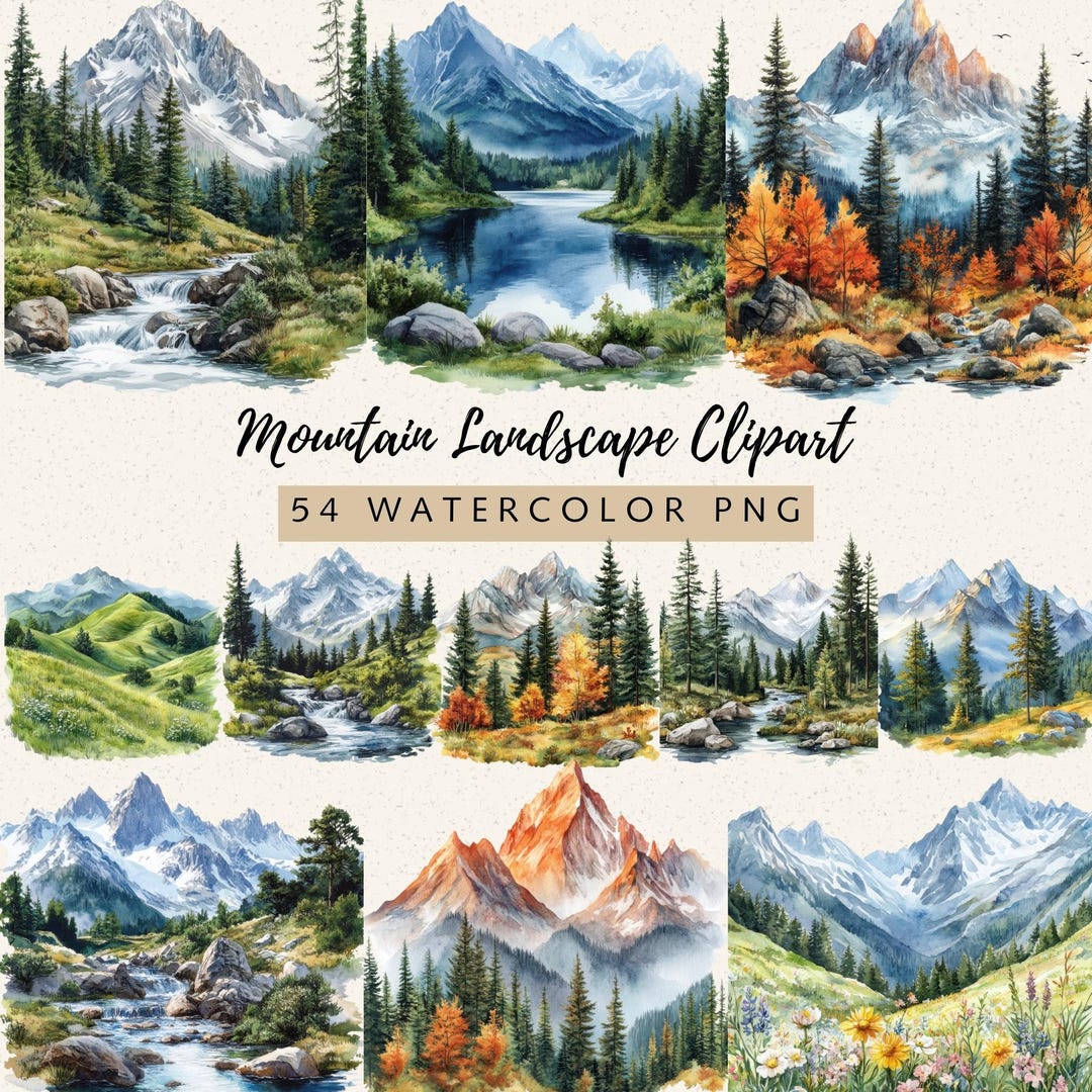 Mountain Landscape Clipart Bundle, 54 Watercolor Mountain PNG, Nature Landscape Graphics, 