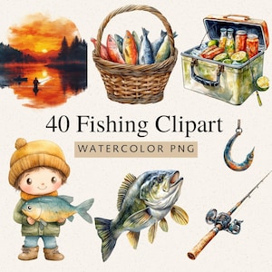 May include: Watercolor clipart featuring fishing-themed illustrations. Includes a sunset scene, a basket of fish, a cooler with drinks, a child holding a fish, a large fish, a fishing hook, and a fishing rod. Text reads "40 Fishing Clipart WATERCOLOR PNG."