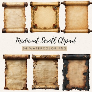 May include: A collection of six digital illustrations of medieval scrolls featuring aged, cracked parchment textures in shades of tan, brown, and black. Some scrolls include ornate floral borders or decorative scrollwork, while others have plain edges.