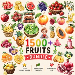 Paquete de más de 1500 imágenes prediseñadas de frutas, frutas kawaii en acuarela PNG, paquete de ilustraciones de alimentos, descarga digital.