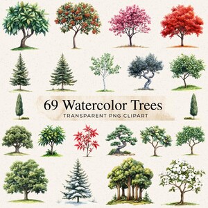 Peut inclure: Une collection de 69 illustrations d'arbres à l'aquarelle, présentant divers styles, y compris des arbres à feuilles caduques, des conifères et des arbres à fleurs. L'image comprend une variété de couleurs et de textures, avec le texte "69 Watercolor Trees Transparent PNG Clipart".