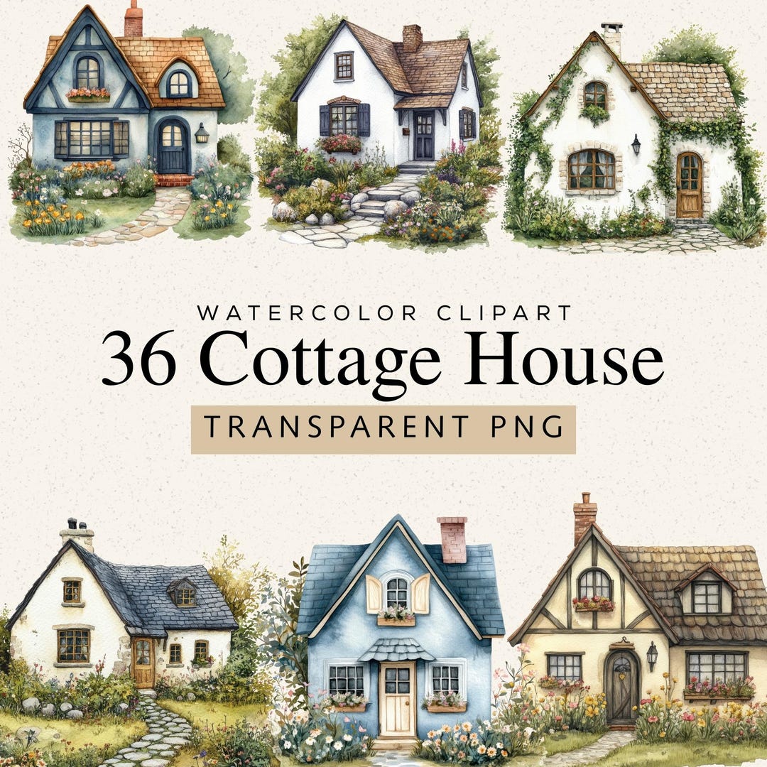 Watercolor Cottage House Clipart Bundle, 36 Vintage Home Illustrations ...