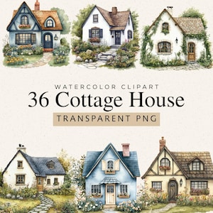 Watercolor Cottage House Clipart Bundle, 36 Vintage Home Illustrations for Wall Art & Planners