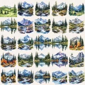 May include: A collection of watercolor landscape illustrations featuring mountains, forests, and bodies of water. The scenes depict snow-capped peaks, evergreen trees, and reflections in calm lakes and rivers. The color palette includes blues, greens, and earth tones.
