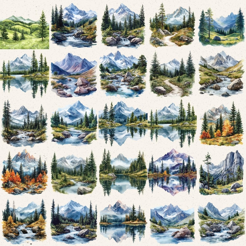 May include: A collection of watercolor landscape illustrations featuring mountains, forests, and bodies of water. The scenes depict snow-capped peaks, evergreen trees, and reflections in calm lakes and rivers. The color palette includes blues, greens, and earth tones.