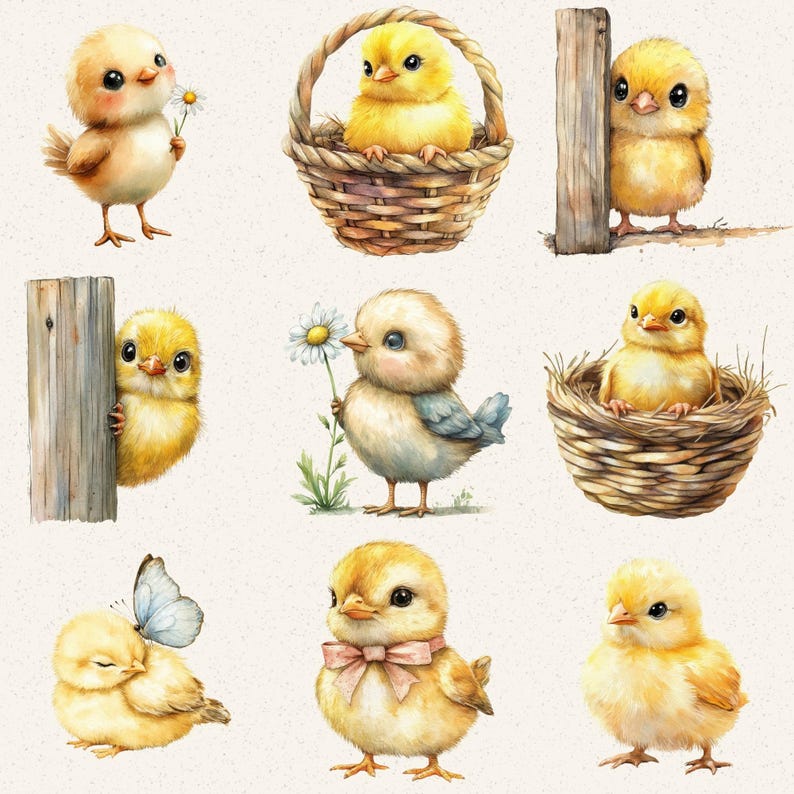 Watercolor Chick Clipart Bundle, 35 Baby Chicken PNG Files for Farm ...