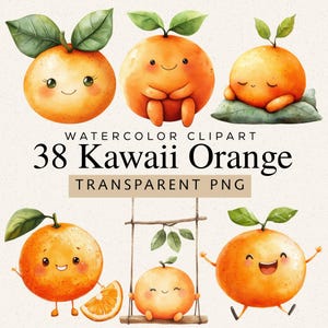 Könnte beinhalten: Aquarell-Clipart mit 38 Kawaii-Orangen-Illustrationen. Die Orangen sind mit lächelnden Gesichtern, grünen Blättern und verschiedenen Posen dargestellt. Der Text "WATERCOLOR CLIPART" und "38 Kawaii Orange TRANSPARENT PNG" ist ebenfalls enthalten.
