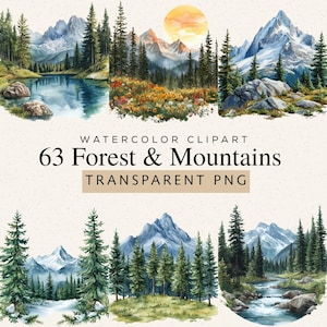 Watercolor Forest Mountains Clipart, 63 PNG Images, Nature Landscape Illustration Collection
