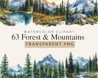 May include: Watercolor clipart featuring 63 forest and mountain scenes. The images showcase serene landscapes with mountains, trees, lakes, and a setting sun. The text reads "Watercolor Clipart" and "63 Forest & Mountains TRANSPARENT PNG".