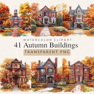 Peut inclure: Clipart aquarelle représentant 41 bâtiments d'automne. L'image présente diverses maisons et structures entourées de feuillage d'automne aux tons orange, rouge et jaune. Le texte sur l'image indique "Watercolor Clipart" et "41 Autumn Buildings Transparent PNG."