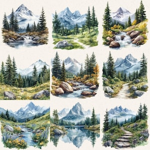 May include: Nine watercolor landscape paintings featuring mountain scenes with rivers, trails, and forests. The artwork showcases snow-capped mountains, lush greenery, and flowing water, with a serene and natural aesthetic.