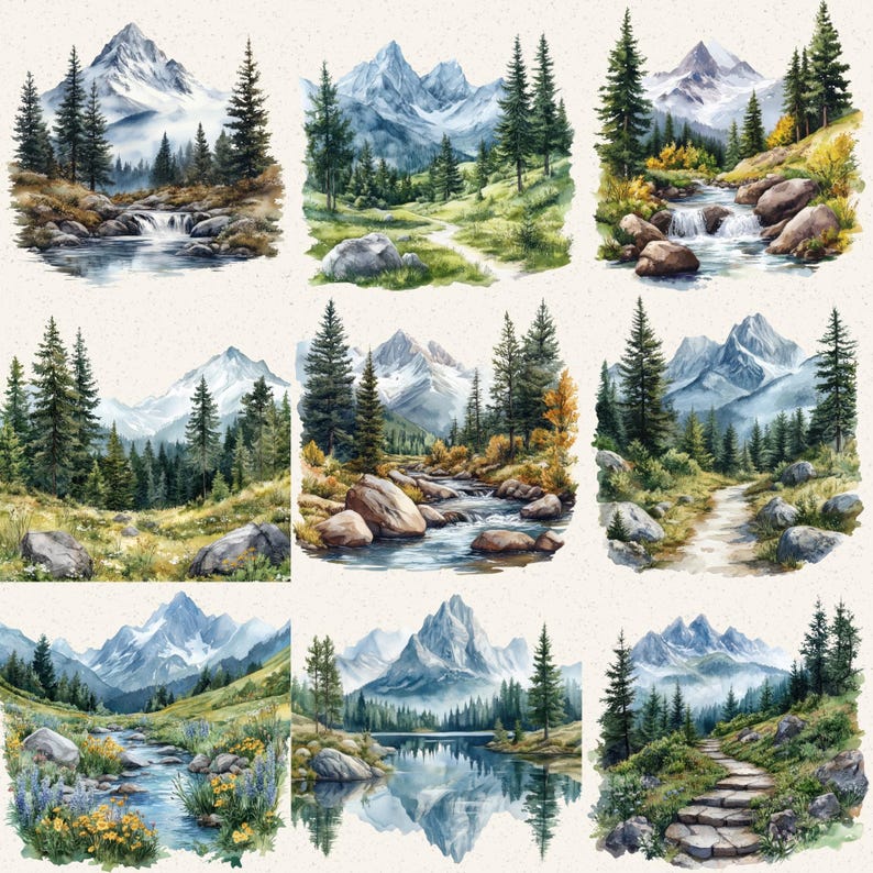 May include: Nine watercolor landscape paintings featuring mountain scenes with rivers, trails, and forests. The artwork showcases snow-capped mountains, lush greenery, and flowing water, with a serene and natural aesthetic.