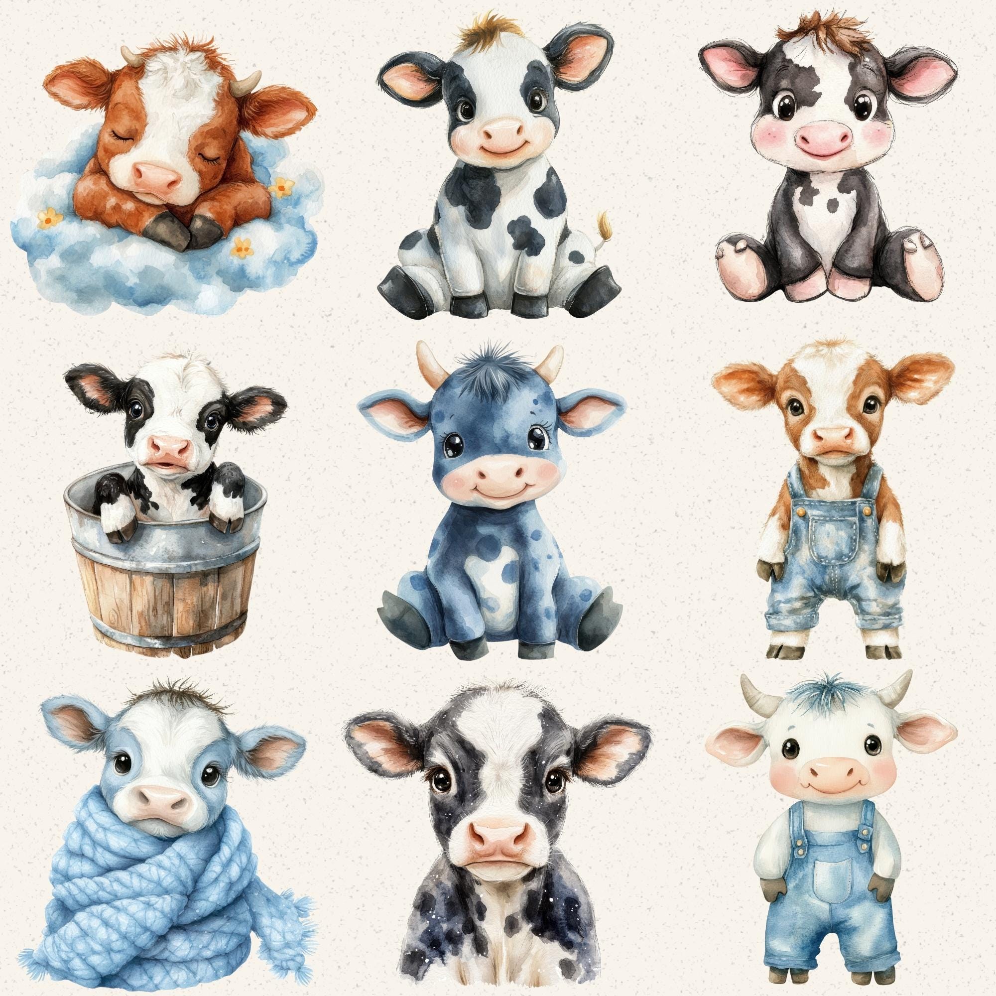 Watercolor Baby Cow Clipart, Calf Farm Animal PNG Bundle (digital ...