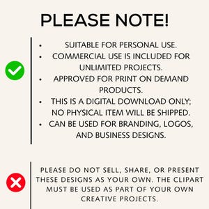 May include: A digital download graphic with the text "PLEASE NOTE!" and bullet points detailing usage rights. Includes personal and commercial use, print-on-demand approval, and branding applications. A green checkmark and red X are also present.