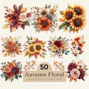 Akvarell höstblommig clipart, 50 höstblommiga PNG-filer, botanisk illustrationspaket (digital nedladdning)