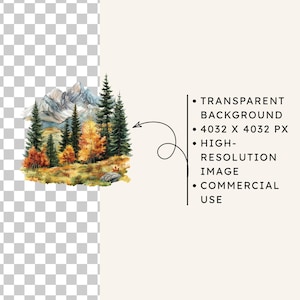 May include: Watercolor illustration of a mountain landscape with evergreen and autumn trees. The image features a transparent background, is 4032 x 4032 pixels, and is a high-resolution image for commercial use.