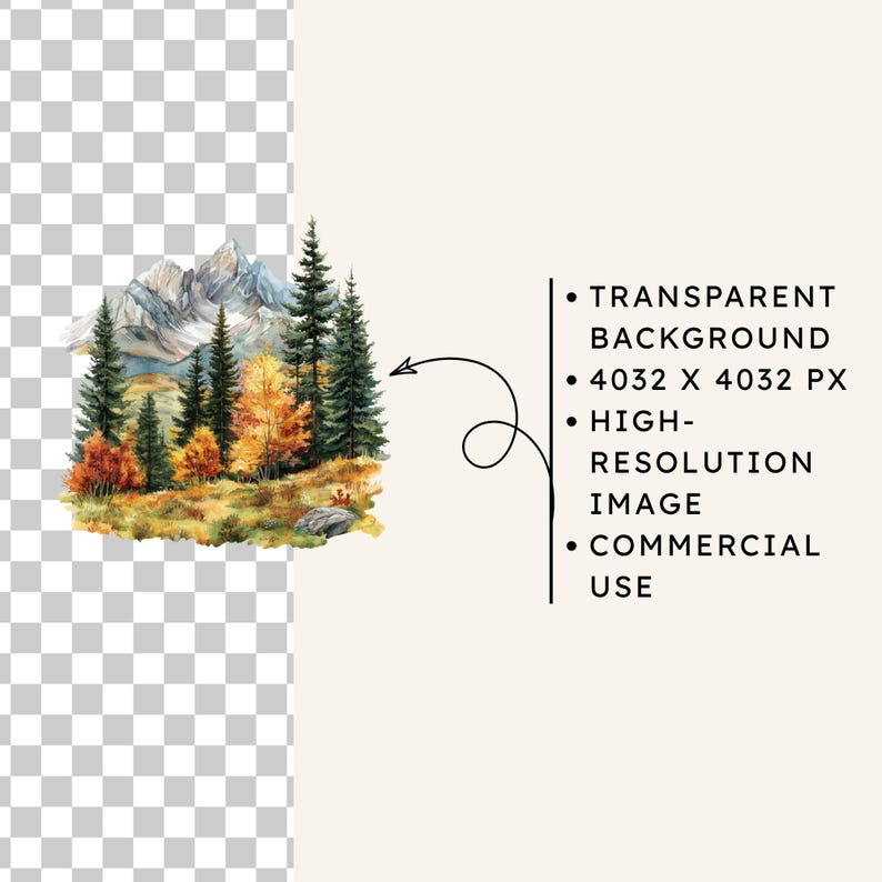 May include: Watercolor illustration of a mountain landscape with evergreen and autumn trees. The image features a transparent background, is 4032 x 4032 pixels, and is a high-resolution image for commercial use.