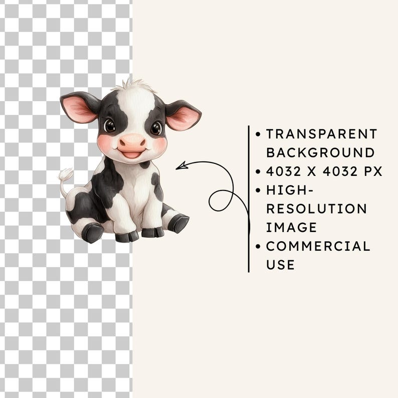 Watercolor Baby Cow Clipart, Calf Farm Animal PNG Bundle (digital ...