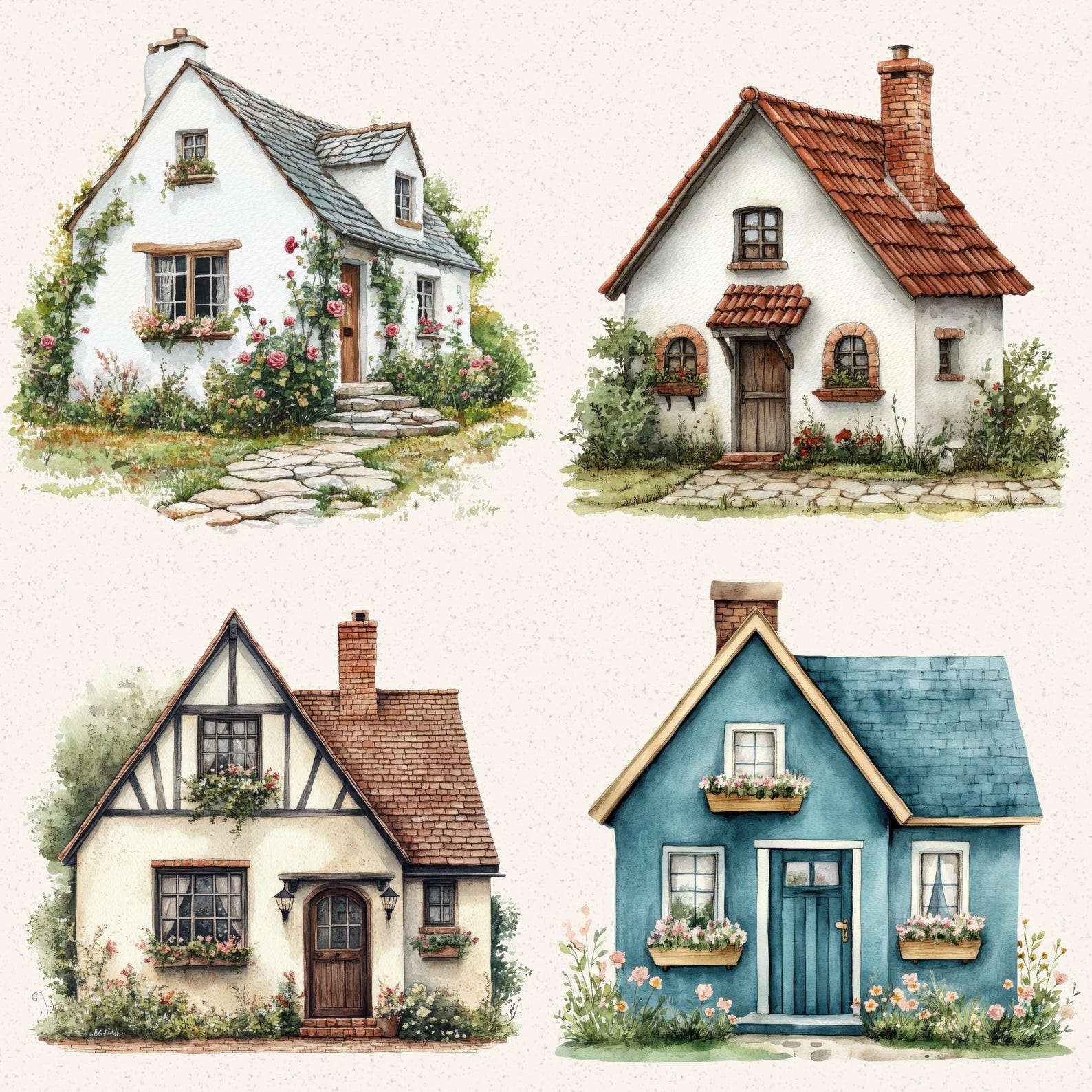 Watercolor Cottage House Clipart Bundle, 36 Vintage Home Illustrations ...