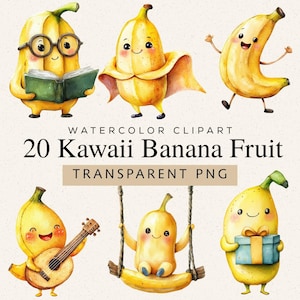Puede incluir: Clipart de acuarela con 20 ilustraciones de frutas de plátano kawaii. Los plátanos tienen caras sonrientes y se muestran con accesorios como gafas, una capa y un ukelele. El texto dice "WATERCOLOR CLIPART 20 KAWAI BANANA FRUIT TRANSPARENT PNG."
