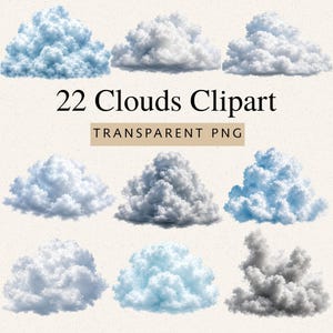 May include: A digital collection of 22 cloud clipart images in transparent PNG format. The set features various cumulus cloud formations in shades of white, light blue, and grey, displayed against a light, textured background with the text 22 Clouds Clipart.