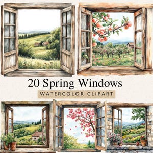 May include: Watercolour clipart showing open windows with spring landscape views. The wooden windows frame scenes of rolling hills, blossoming trees, and houses. The text "20 Spring Windows" is displayed.