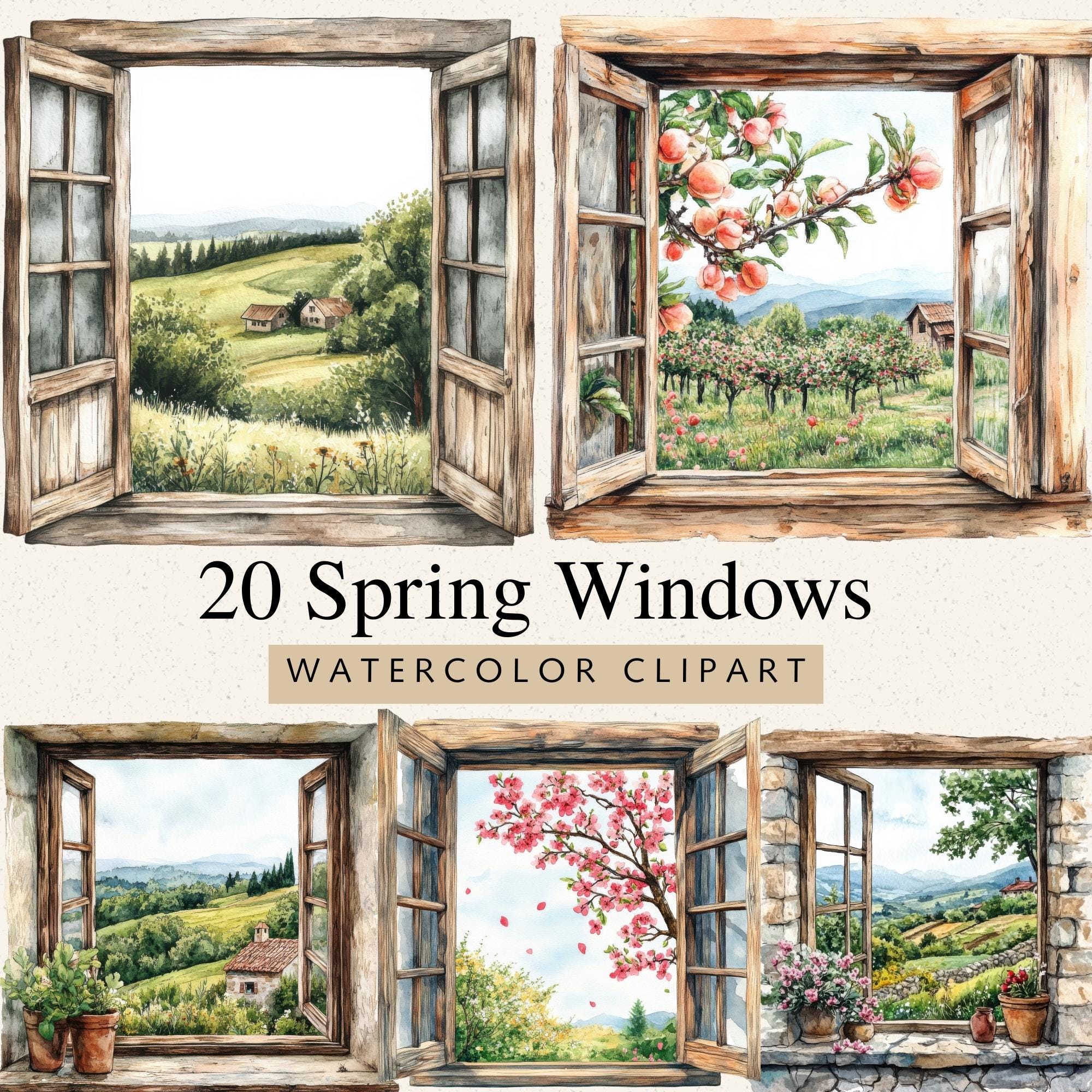 Spring Window Watercolor Clipart, 20 PNG Images, Floral Seasonal Window ...