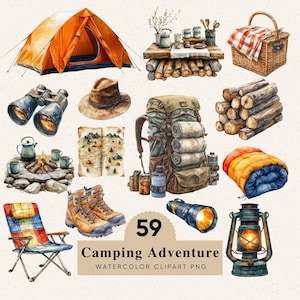 Camping Adventure Clipart, 59 Outdoor PNG Images, Watercolor Nature Travel Illustration Collection