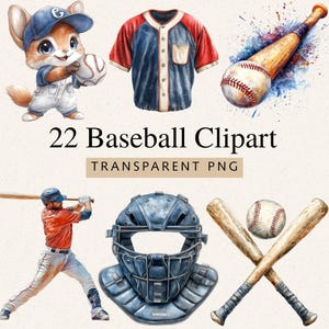 May include: A collection of 22 baseball-themed clipart images. Includes a baseball jersey, baseball bat, baseball, catcher's mask, and a cartoon fox wearing a baseball cap and holding a baseball. The text "22 Baseball Clipart" is displayed.