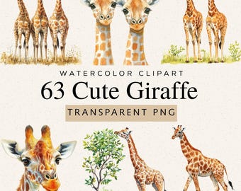 Imágenes prediseñadas de jirafas en acuarela, animales de safari para guardería, 63 imágenes PNG (descarga digital)